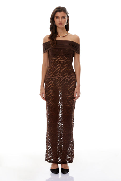 Aurohaya Angelina Brown Off Shoulder Floral Lace Maxi Dress