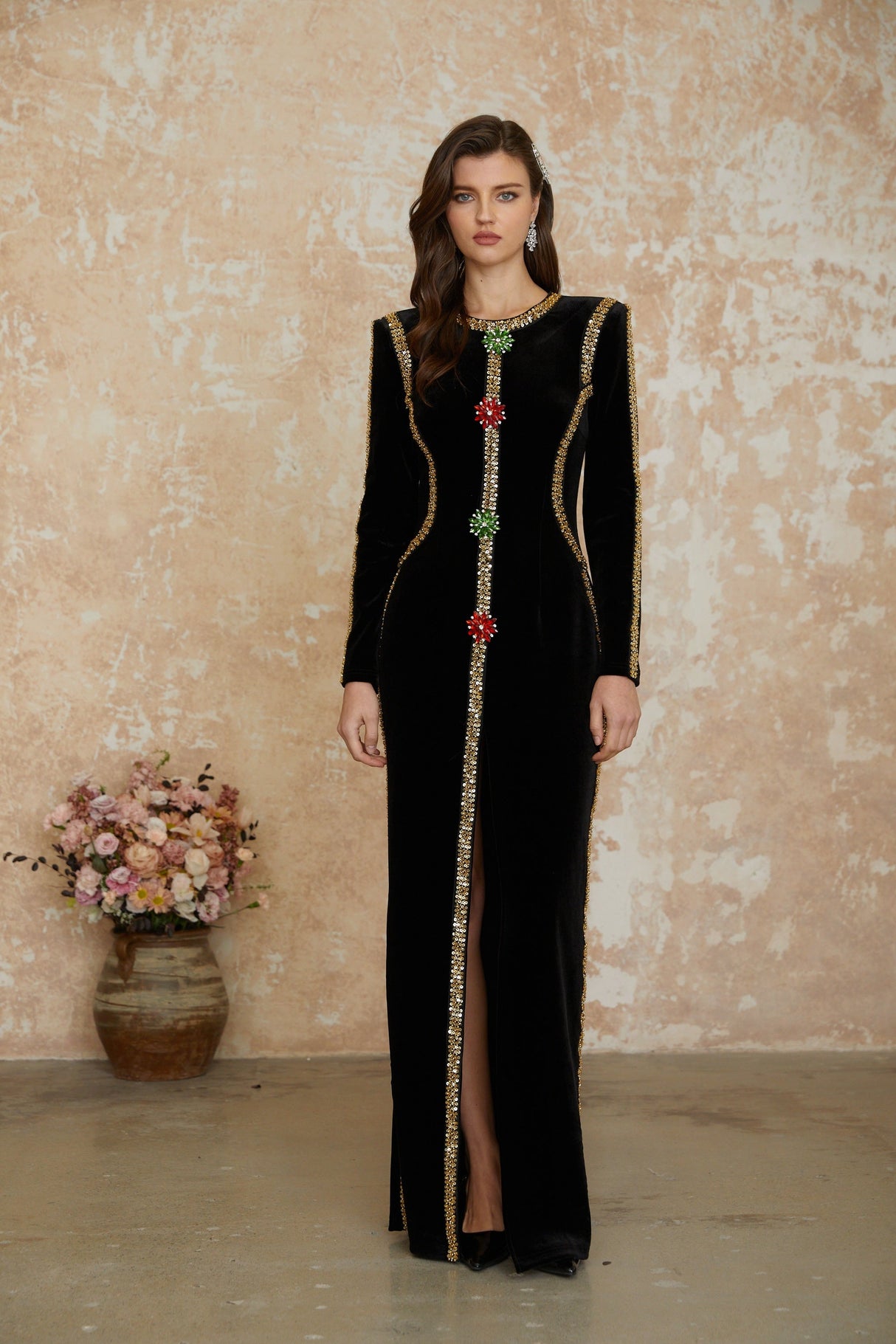 Aurohaya Anna Black Crystal Embellished Front Slit Maxi Dress