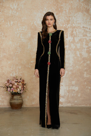 Aurohaya Anna Black Crystal Embellished Front Slit Maxi Dress