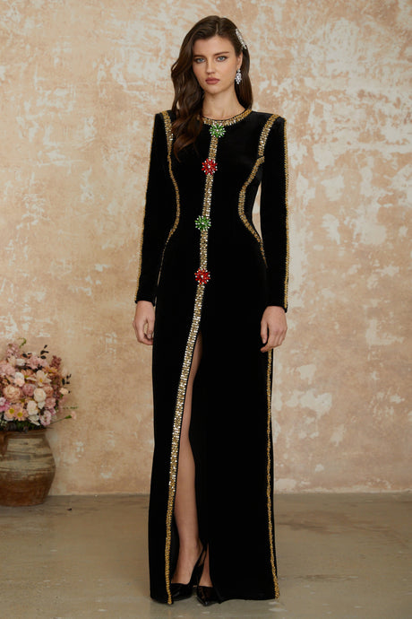 Aurohaya Anna Black Crystal Embellished Front Slit Maxi Dress
