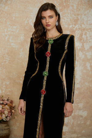 Aurohaya Anna Black Crystal Embellished Front Slit Maxi Dress