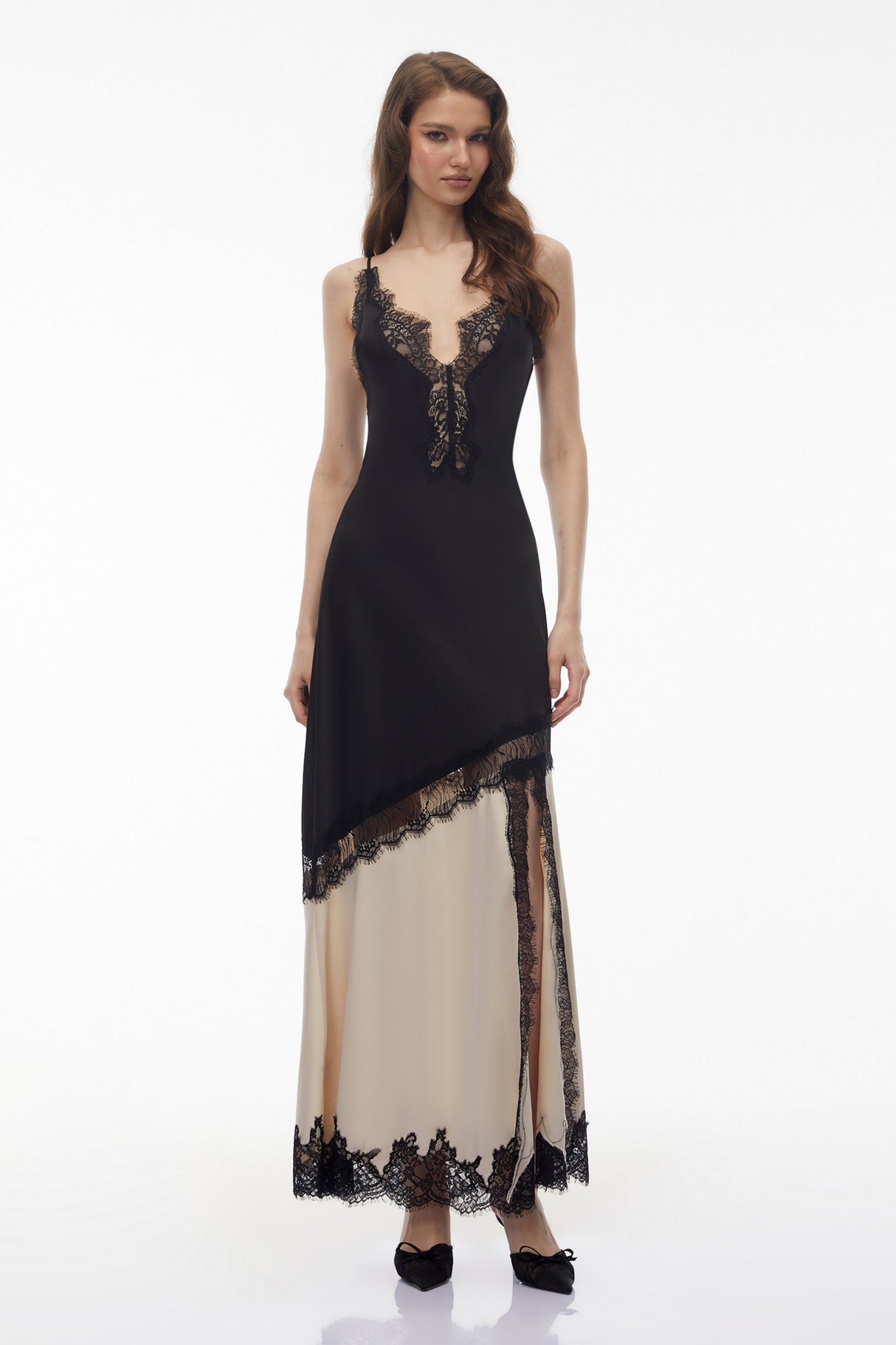 Aurohaya Annabelle Black V-neck Lace Trim Panelled Slit Maxi Dress