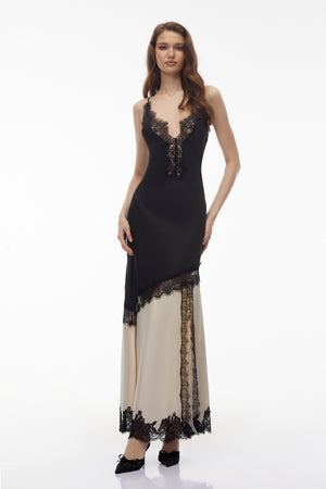 Aurohaya Annabelle Black V-neck Lace Trim Panelled Slit Maxi Dress