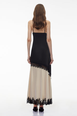 Aurohaya Annabelle Black V-neck Lace Trim Panelled Slit Maxi Dress