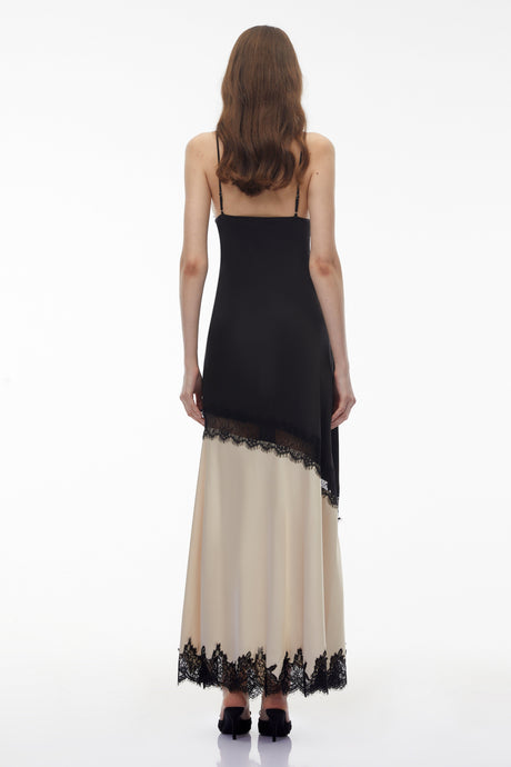 Aurohaya Annabelle Black V-neck Lace Trim Panelled Slit Maxi Dress
