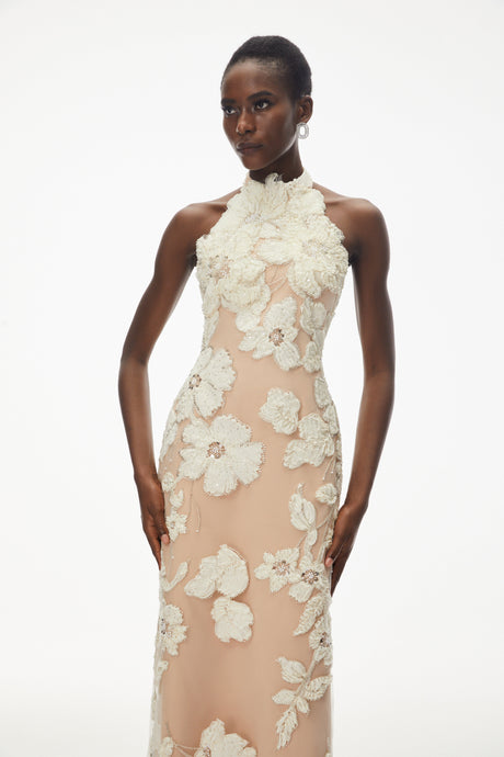 Aurohaya Annabelle Champagne Floral Embellished Maxi Dress