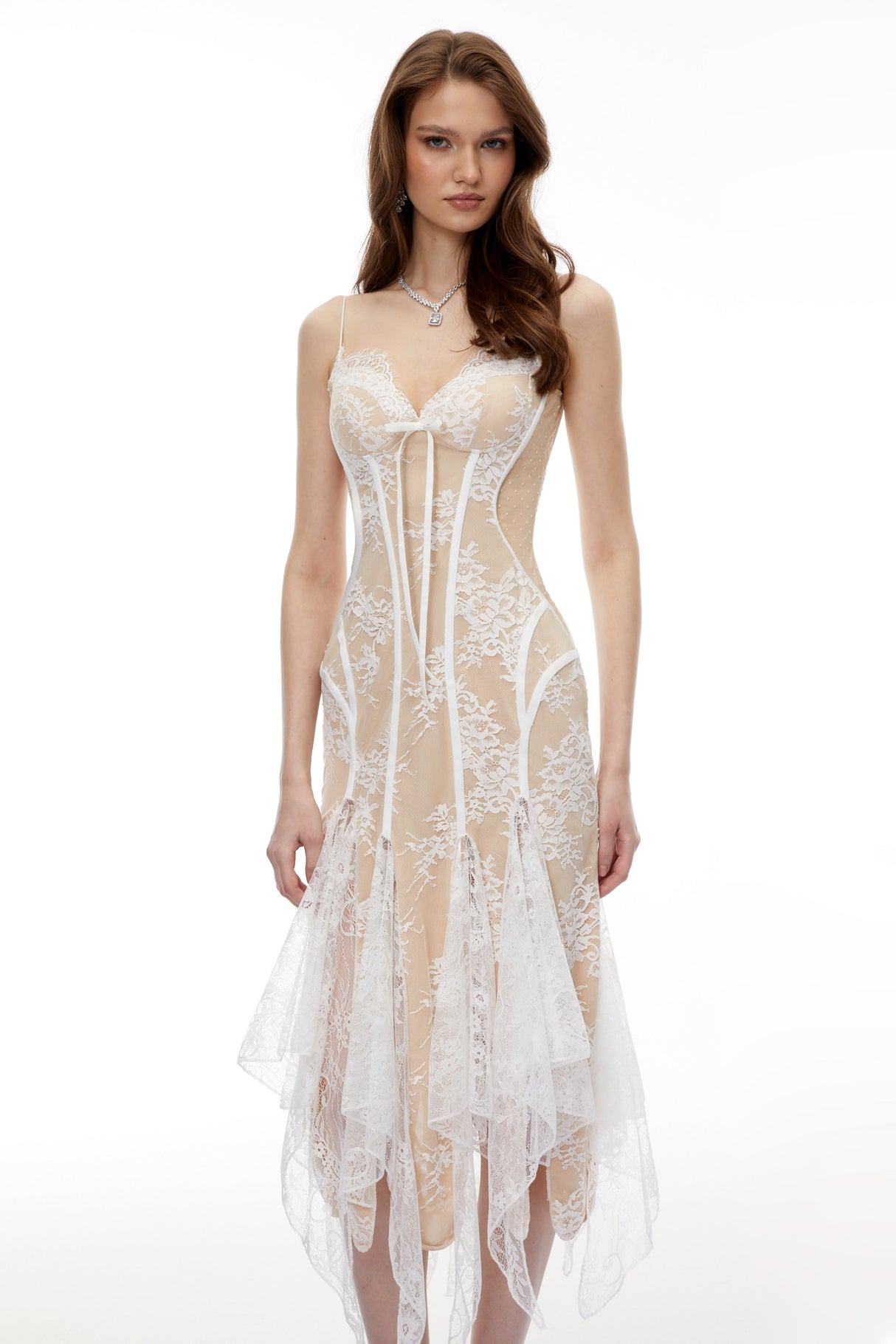 Aurohaya Annelise White Floral Lace Asymmetrical Midi Dress