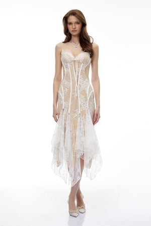 Aurohaya Annelise White Floral Lace Asymmetrical Midi Dress