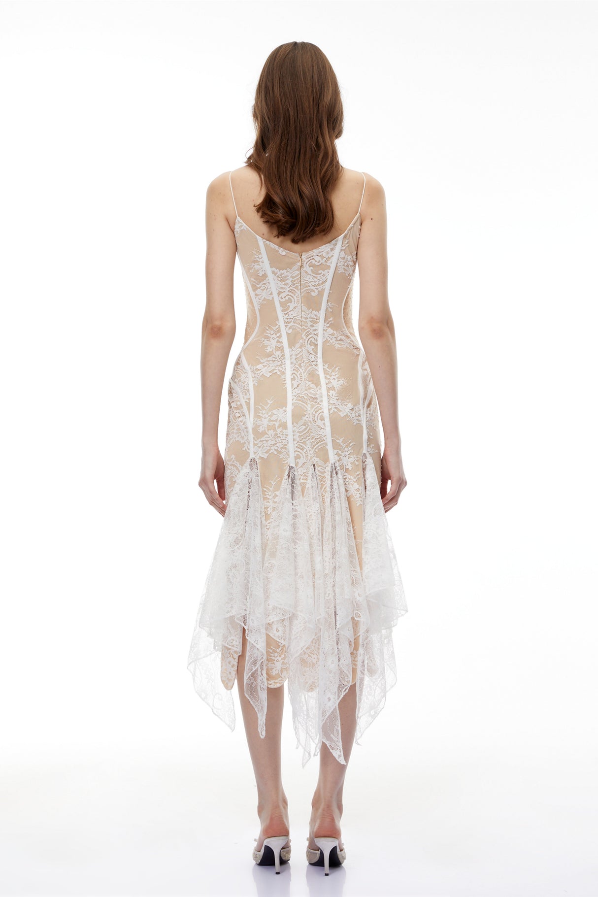 Aurohaya Annelise White Floral Lace Asymmetrical Midi Dress