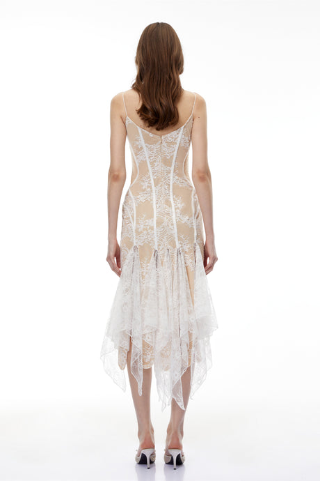 Aurohaya Annelise White Floral Lace Asymmetrical Midi Dress