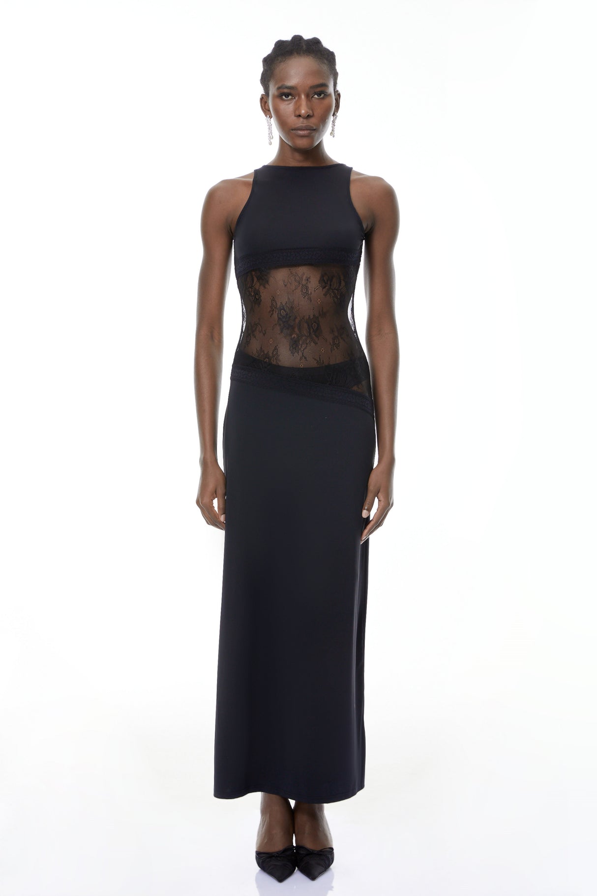 Aurohaya Annemarie Black Lace Panel Stretch Maxi Dress