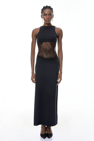 Aurohaya Annemarie Black Lace Panel Stretch Maxi Dress