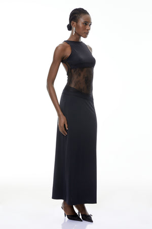 Aurohaya Annemarie Black Lace Panel Stretch Maxi Dress