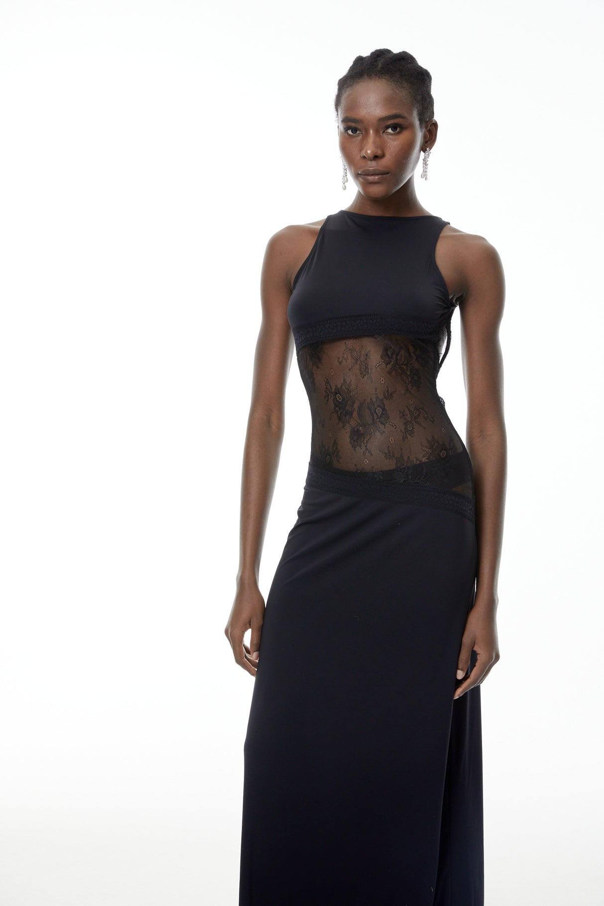 Aurohaya Annemarie Black Lace Panel Stretch Maxi Dress