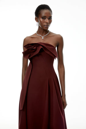 Aurohaya Annika Burgundy 3D Petal Ruched Midi Dress