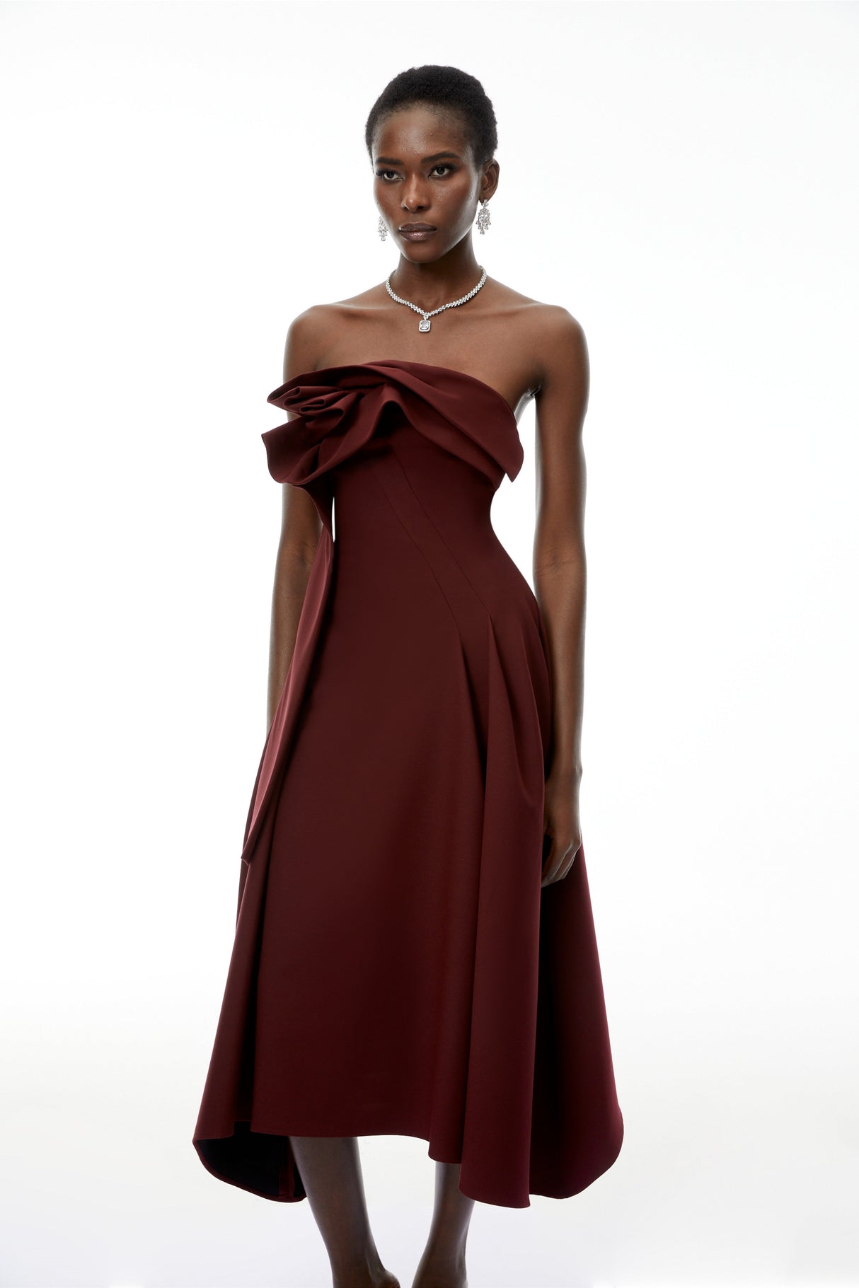 Aurohaya Annika Burgundy 3D Petal Ruched Midi Dress