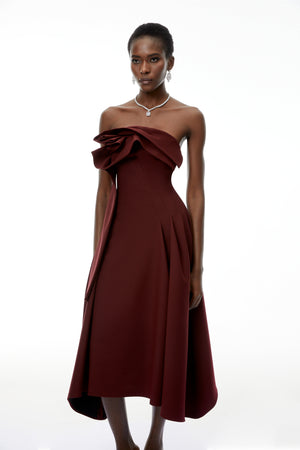 Aurohaya Annika Burgundy 3D Petal Ruched Midi Dress