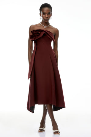 Aurohaya Annika Burgundy 3D Petal Ruched Midi Dress