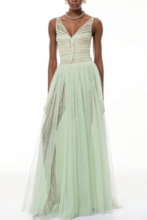Aurohaya Annika Green Sequin Tulle Maxi Dress with Lace Panels