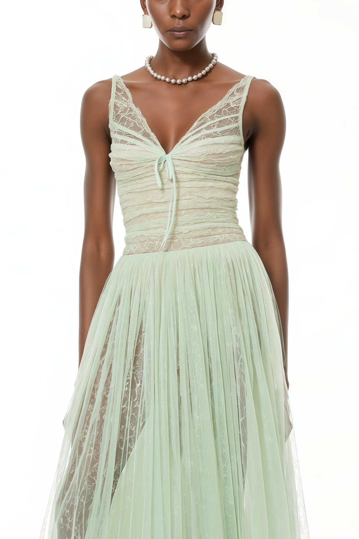 Aurohaya Annika Green Sequin Tulle Maxi Dress with Lace Panels