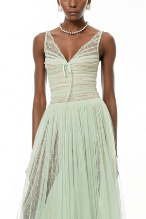Aurohaya Annika Green Sequin Tulle Maxi Dress with Lace Panels