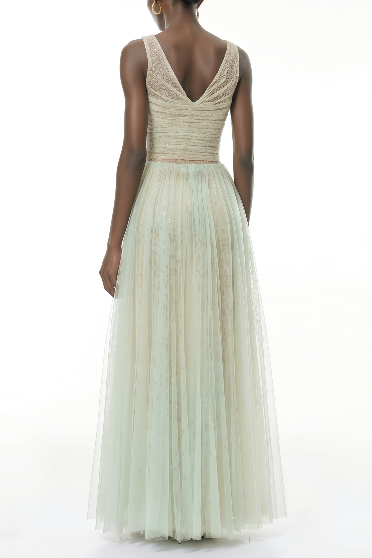 Aurohaya Annika Green Sequin Tulle Maxi Dress with Lace Panels
