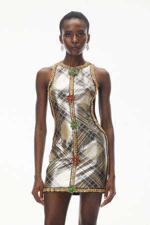 Aurohaya Anthea Gold Metallic Check Off Shoulder Mini Dress