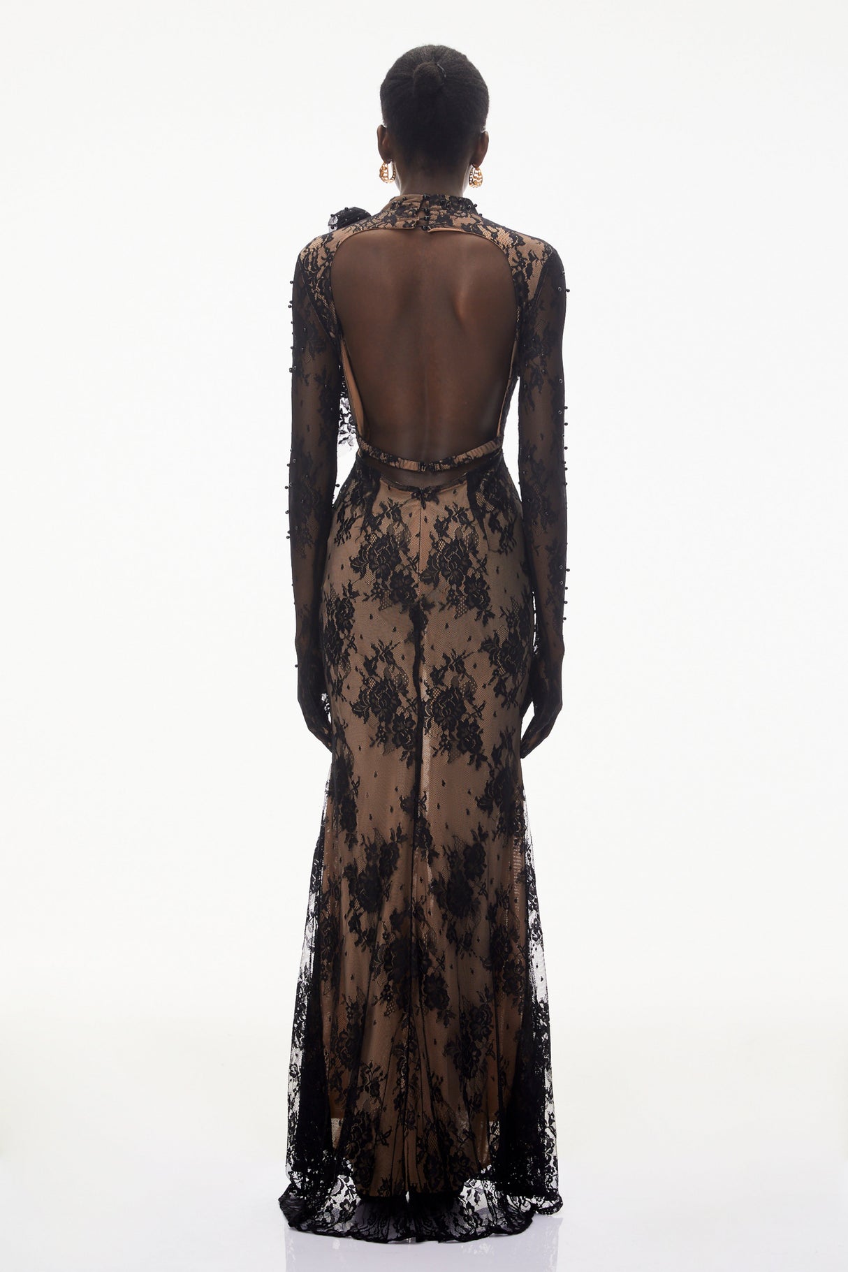 Aurohaya Arabella Black Mock Neck Sequin Lace Maxi Dress