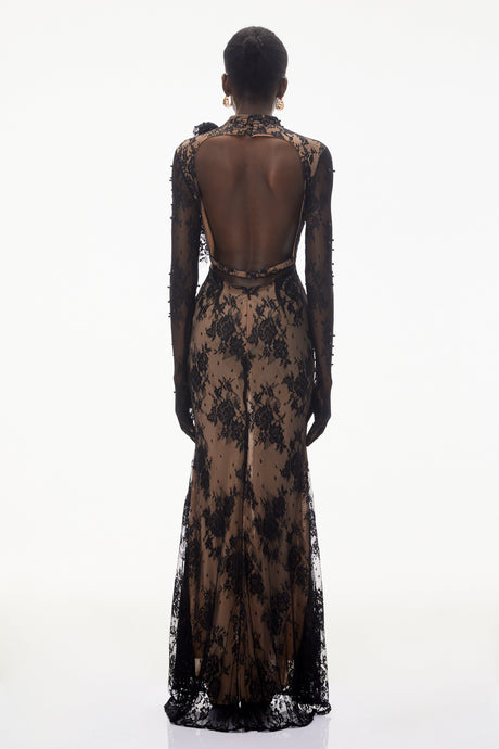 Aurohaya Arabella Black Mock Neck Sequin Lace Maxi Dress
