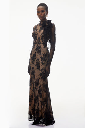 Aurohaya Arabella Black Mock Neck Sequin Lace Maxi Dress