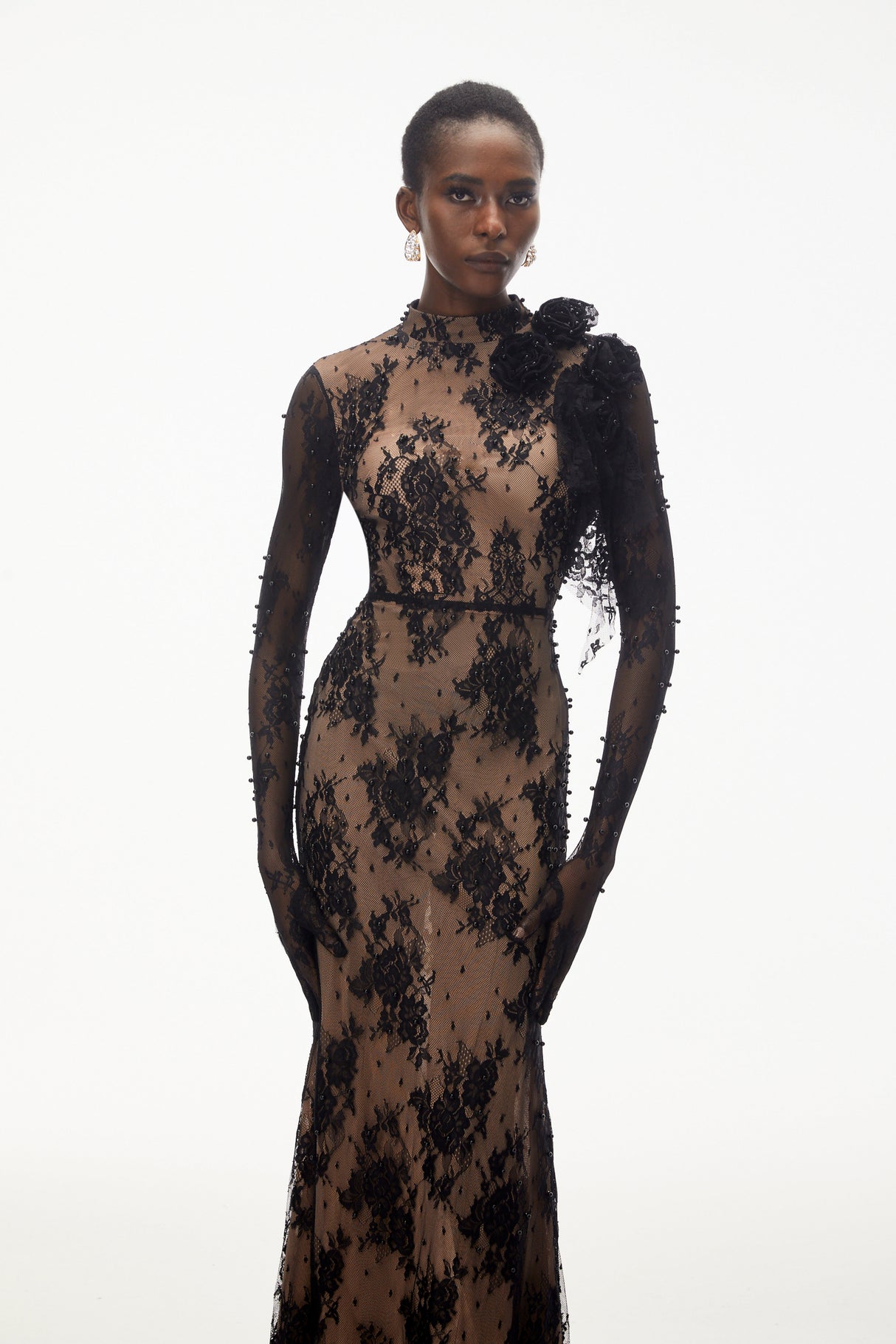 Aurohaya Arabella Black Mock Neck Sequin Lace Maxi Dress