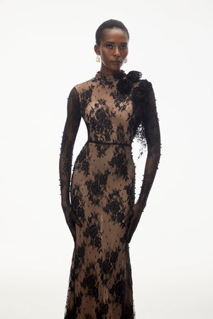 Aurohaya Arabella Black Mock Neck Sequin Lace Maxi Dress
