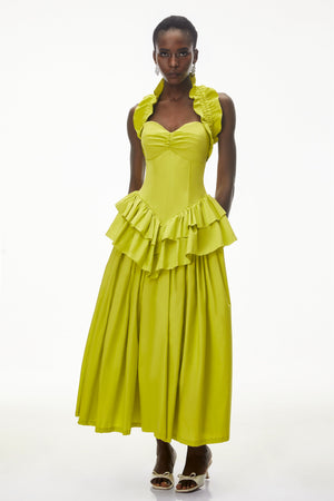 Aurohaya Arezoo Green Mock Neck Ruffled Midi Dress