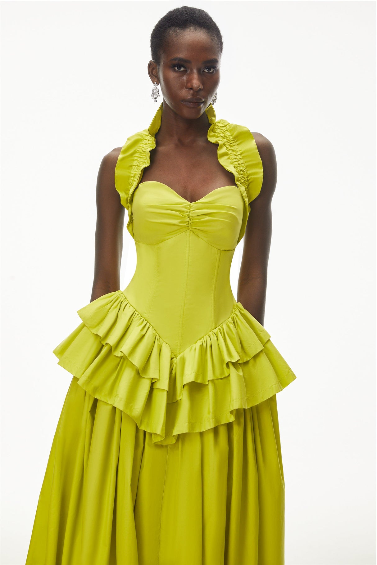 Aurohaya Arezoo Green Mock Neck Ruffled Midi Dress