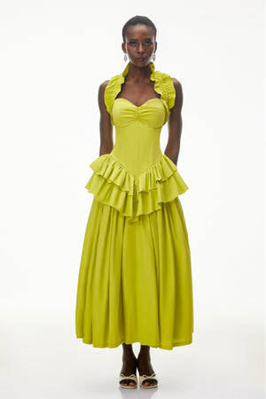 Aurohaya Arezoo Green Mock Neck Ruffled Midi Dress