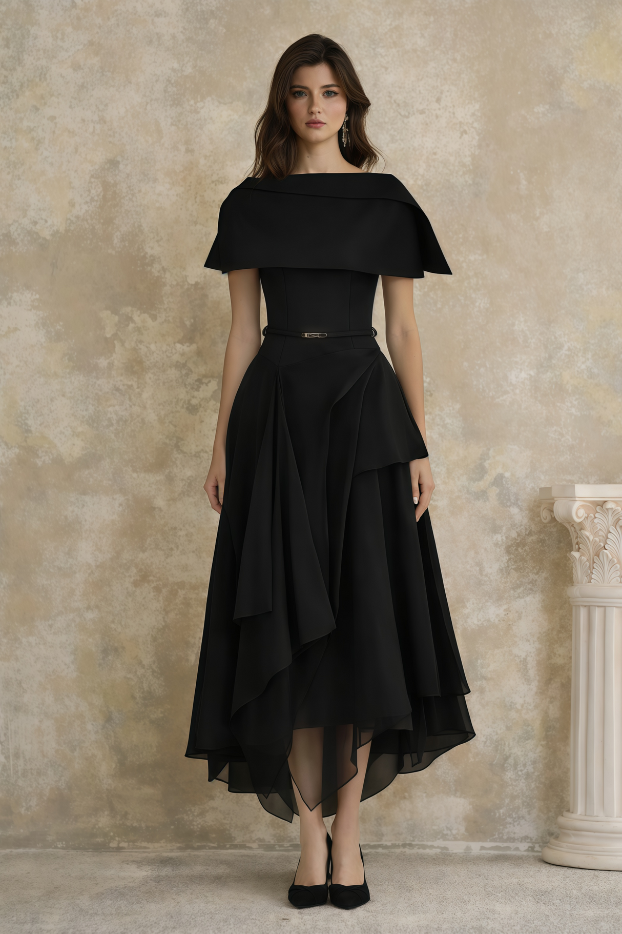 Aurohaya Aria Black Asymmetrical Shawl & Tulle Panel Dress Set