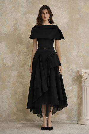 Aurohaya Aria Black Asymmetrical Shawl & Tulle Panel Dress Set