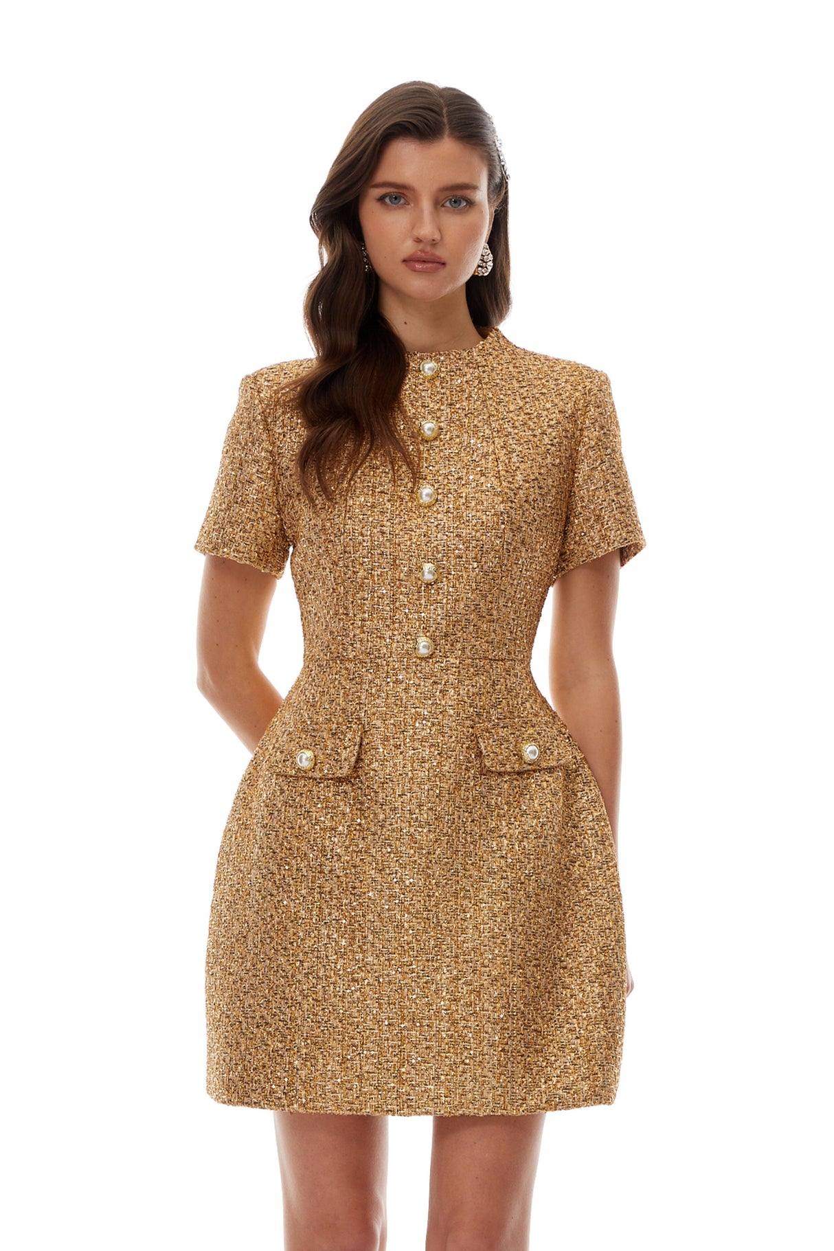 Aurohaya Arna Gold Round Neck Tweed Mini Dress