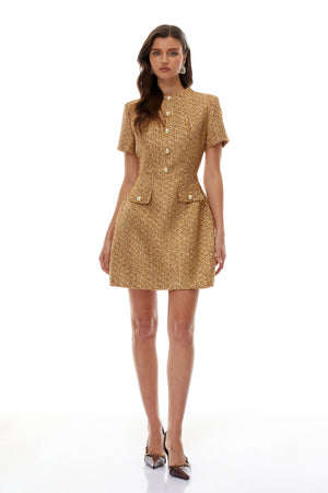 Aurohaya Arna Gold Round Neck Tweed Mini Dress