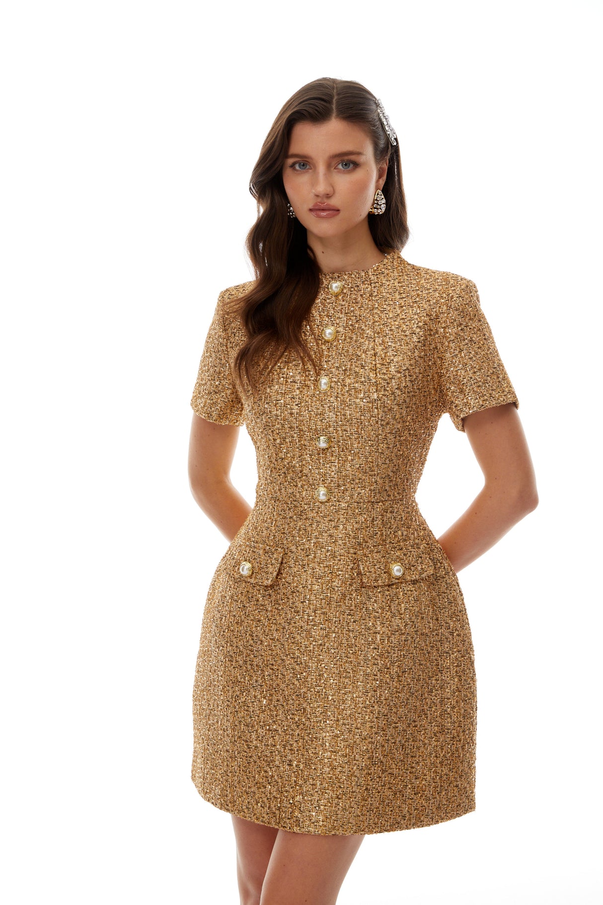 Aurohaya Arna Gold Round Neck Tweed Mini Dress