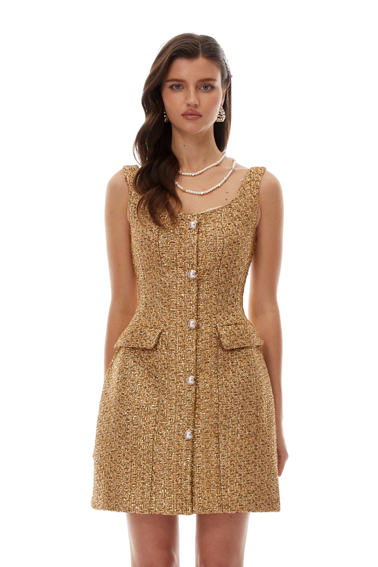Aurohaya Arna Gold Square Neck Tweed Mini Dress