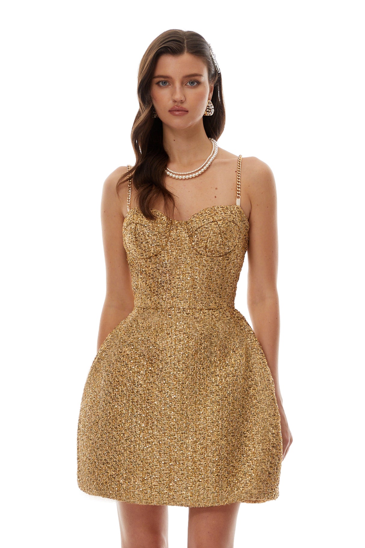 Aurohaya Arna Gold Sweetheart Neckline Tweed Mini Dress
