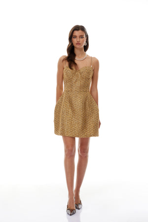 Aurohaya Arna Gold Sweetheart Neckline Tweed Mini Dress