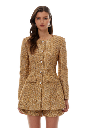 Aurohaya Arna Gold Tweed Mini Blazer Dress & Shorts Set