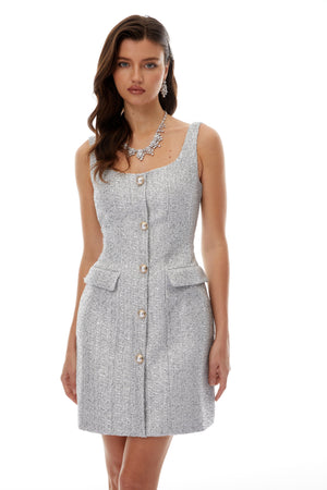 Aurohaya Arna Silver Square Neck Tweed Mini Dress