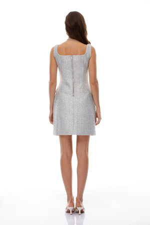 Aurohaya Arna Silver Square Neck Tweed Mini Dress