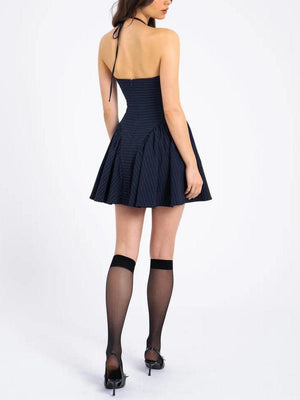 Aurohaya Fashion Pinstripe Halter Neck Low Waist Mini Dress