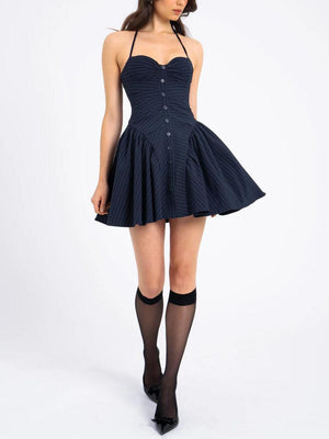 Aurohaya Fashion Pinstripe Halter Neck Low Waist Mini Dress