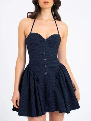 Aurohaya Fashion Pinstripe Halter Neck Low Waist Mini Dress Navy Blue