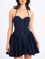 Aurohaya Fashion Pinstripe Halter Neck Low Waist Mini Dress Navy Blue